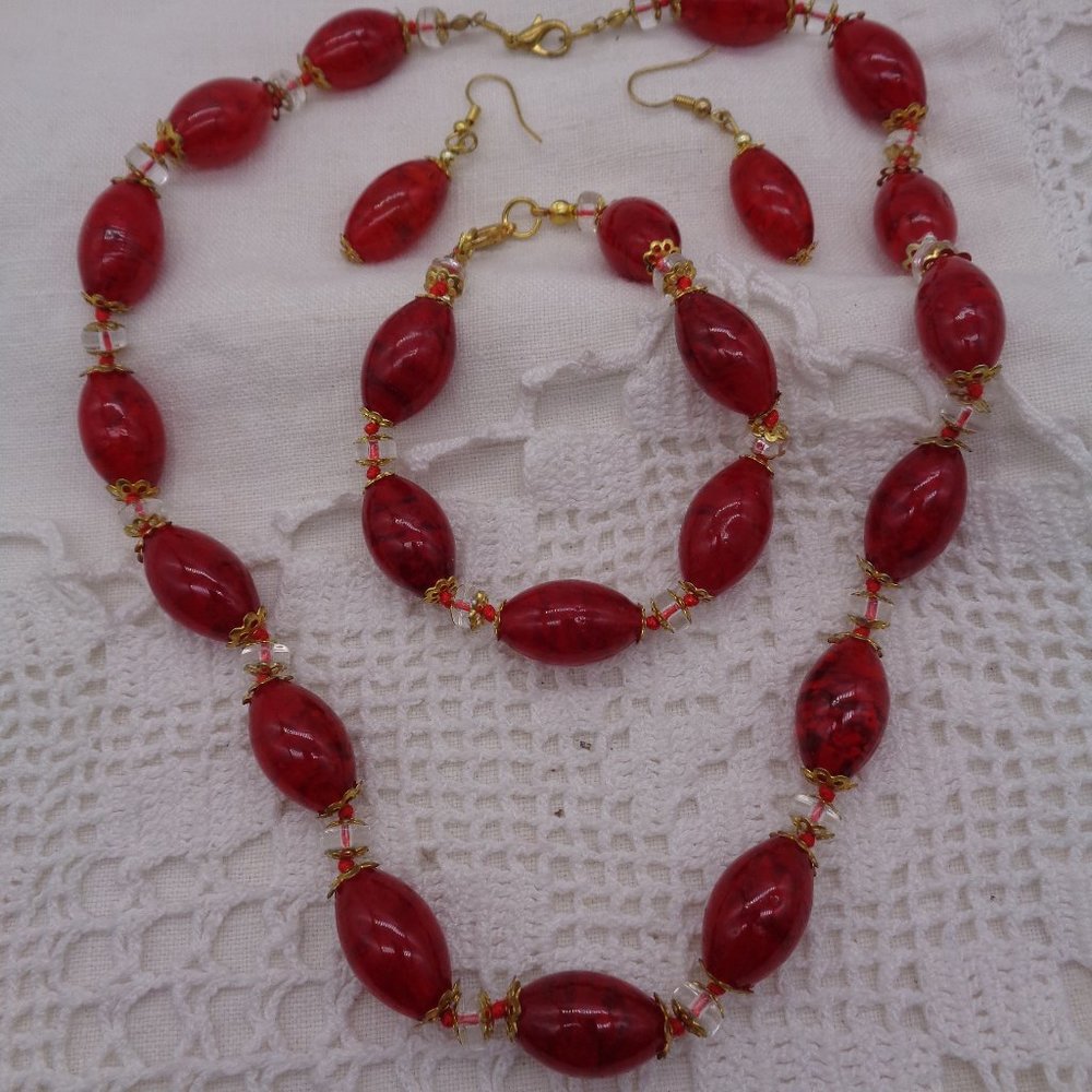 Red Glass Bead Set Necklace, Bracelet, Earrings